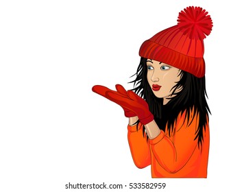 Beautiful Woman In A Cap And Mittens, Blowing Out Of His Hands. Vector Pop Art Style On A White Background