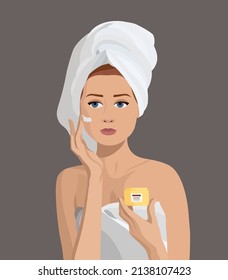 Beautiful woman cares for her facial skin. Girl wearing a towel applies cream to her face. Self-care concept. Morning routine. Lady with a jar of cream in hands.Stock vector illustration in flat style