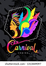 Beautiful woman in carnival costume with colorful lettering of carnival on black abstract background.