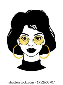 Beautiful woman. Cartoon girl wearing sunglasses and round earrings. Fashion Illustration on white background