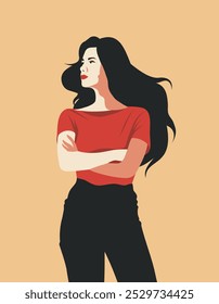 Beautiful woman in casual clothes looking away. Woman on beige background. Vector concept of movement for gender equality and women's empowerment.