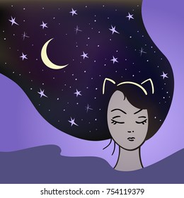 A beautiful woman with cat nature sleeps with the stars and a month in her hair. Fashion trend in vector illustration of a girl with cat's ears.