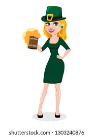 Beautiful woman celebrates St. Patrick's Day. Cute female cartoon character in costume of Leprechaun holds a mug of beer. Vector illustration