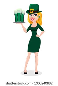 Beautiful woman celebrates St. Patrick's Day. Cute female cartoon character in costume of Leprechaun holds three glasses of green beer. Vector illustration