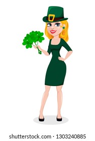 Beautiful woman celebrates St. Patrick's Day. Cute female cartoon character in costume of Leprechaun holds a bouquet of clover. Vector illustration