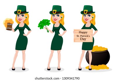 Beautiful woman celebrating St. Patrick's Day, set of three poses. Cartoon character in costume of Leprechaun holding beer, holding clover and holding wooden plate with greetings. Vector illustration