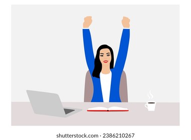 “SHOTLISTbanking”. Beautiful woman celebrating success with her arms raised and clenched fists in front of a laptop. Business woman celebrating her success online. Beautiful Businesswoman Celebrating.