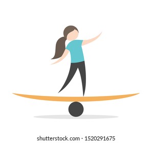 Beautiful Woman Character Balancing On Seesaw Scale Isolated On White. Life And Work Balance, Stress, Risk And Harmony Concept. Flat Design. EPS 8 Vector Illustration, No Transparency, No Gradients