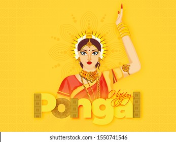Beautiful woman character in dancing pose on yellow background for Happy Pongal celebration greeting card design.
