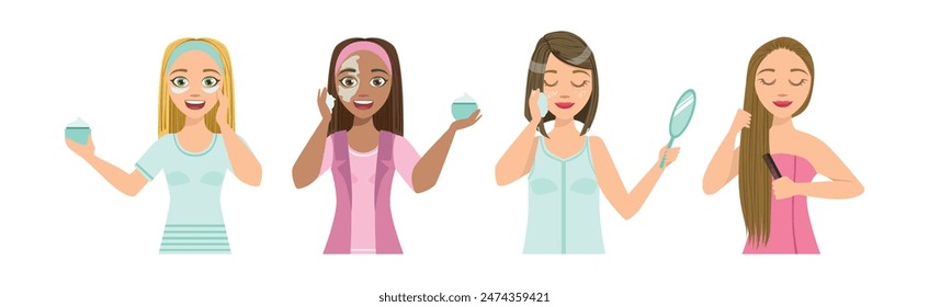 Beautiful Woman Character Engaged in Self Care and Grooming Vector Set