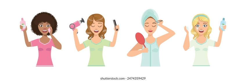 Beautiful Woman Character Engaged in Self Care and Grooming Vector Set