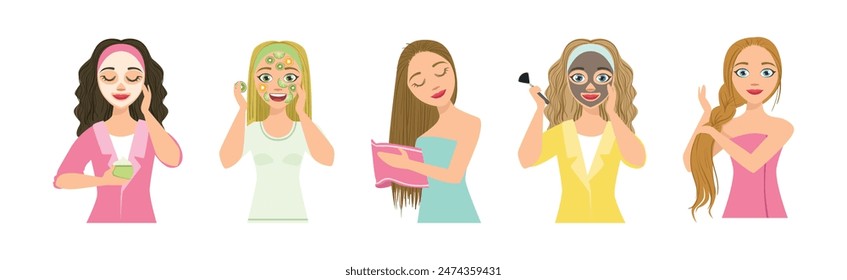 Beautiful Woman Character Engaged in Self Care and Grooming Vector Set