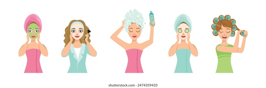 Beautiful Woman Character Engaged in Self Care and Grooming Vector Set