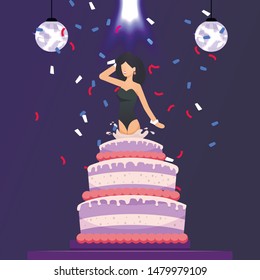 Beautiful Woman Character Jumped out of Huge Cake. Birthday Party in Night Club. Festive Flat Cartoon. Confetti Rain. Entertainment and Celebration. Vector Funny and Joyful Nightlife Illustration