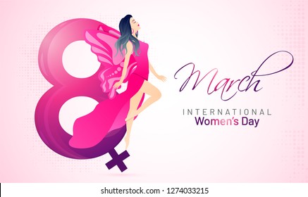 Beautiful woman character with lettering of 8 march on glossy pink background for International Women's Day celebration banner.