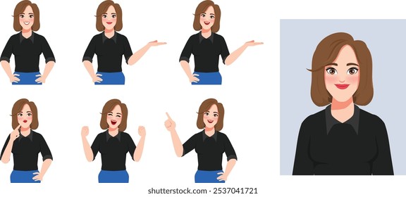 Beautiful woman character pose set. illustration vector premium.