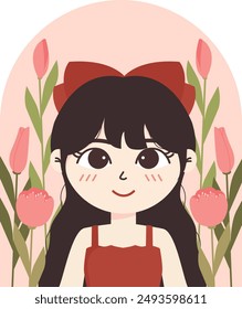 Beautiful woman character with tulips background