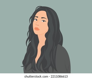 Beautiful woman with charming long hair. Happy and optimistic. Vector illustration.