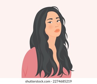 Beautiful woman with charming long hair. Happy and optimistic. Vector illustration.