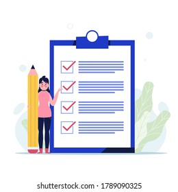 beautiful woman checking giant check list. Flat vector illustration