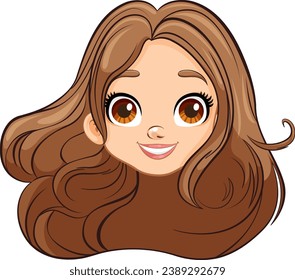 A beautiful woman with a cheerful expression, large eyes, and flowing brown hair