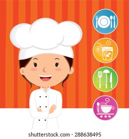 Beautiful woman chef with cooking icons. Female chef with arms crossed.