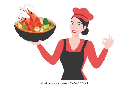 Beautiful woman chef holding Tom Yum Kung spicy soup Thai famous food vector illustration. Thai food concept
