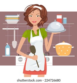Beautiful woman chef in the kitchen. Vector illustration 