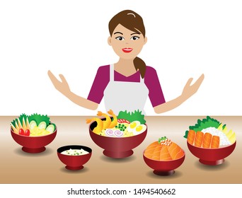 Beautiful woman chef showing her asian cooking foods, Japanese seafood ramen noodles, grilled salmon over rice, salad and tofu miso soup in bowl. Isolated in white background.  Vector Illustration