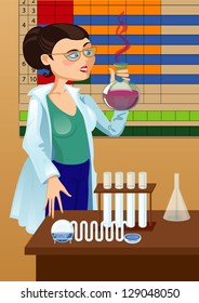 Beautiful woman chemist, glass bulb in hand on the background of the periodic table