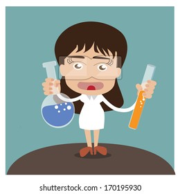 Beautiful woman chemist, glass bulb in hand