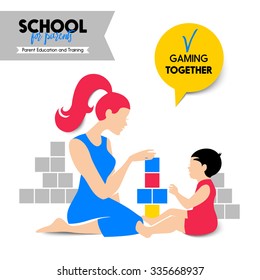 Beautiful woman and child silhouette. Mother and baby gaming. Seminar and training concept. School for parents poster. Vector illustration. Material design