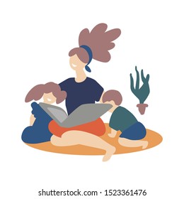 Beautiful woman with children flat vector illustration.