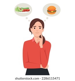 Beautiful woman choosing between salad and hamburger, healthy and junk food. Flat vector illustration isolated on white background