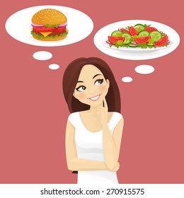 Beautiful woman choosing between salad and hamburger, healthy and junk food.