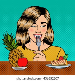 Beautiful Woman Choosing Food Between Fruits and Cheesecake. Pop Art. Vector illustration