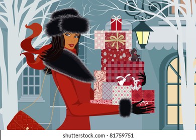 Beautiful woman with christmas gifts