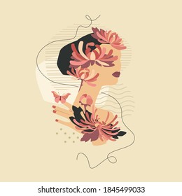 Beautiful woman with chrysanthemums and butterfly. Vector fashion vintage style illustration isolated on beige background. Feminine beauty concept.