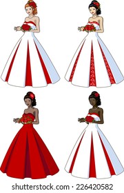 Beautiful woman in classic white with red wedding gown set of 4 races and design options