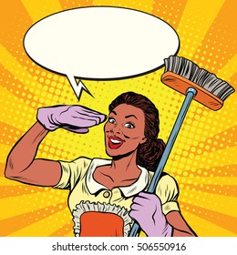 Beautiful woman cleaner with brush for floors, pop art retro comic book vector illustration. Service home cleaning