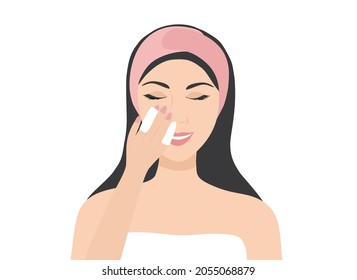 Beautiful woman cleansing with cotton bud makeup removal vector illustration