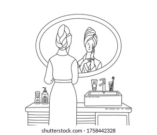 Beautiful woman clearing her skin in bathroom. Young girl wearing bathrobe looking at her reflection in mirror in bathroom. Everyday morning routine. Skincare and health. Outline vector illustration 