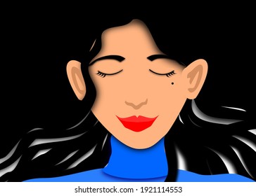 Beautiful Woman Close Up Illustration With Curly Hair and Blue Turtleneck Sweater. International Women's Day Character.