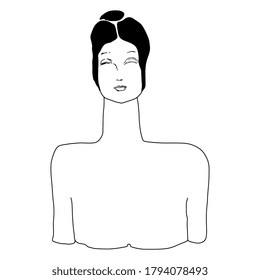 Beautiful woman with closed eyes. Female archetype. Black and white silhouette. Hand drawn sketch. Fantastic portrait.