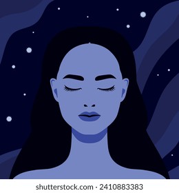 Beautiful woman with closed eyes on night sky background with stars. Vector illustration