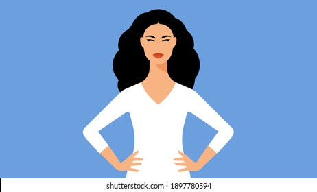 Beautiful woman. Close-up young attractive girl model with black hair. Stylish graphics portrait of self confidence independent woman. Vector illustration.