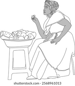 A beautiful woman in beautiful clothes selling fruits. lines are in stroke format for easy adjustments.