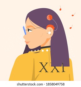 Beautiful woman with cochlear implant hearing aid. Flat vector illustration.