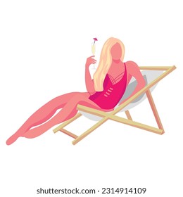 Beautiful woman with cocktail relaxing on deck chair against whi