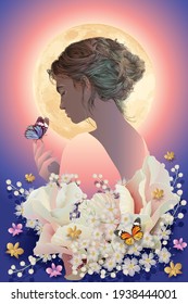 Beautiful woman with colorful flowers and butterfly.
Vector illustration for greeting card, poster, flyer and other users.
